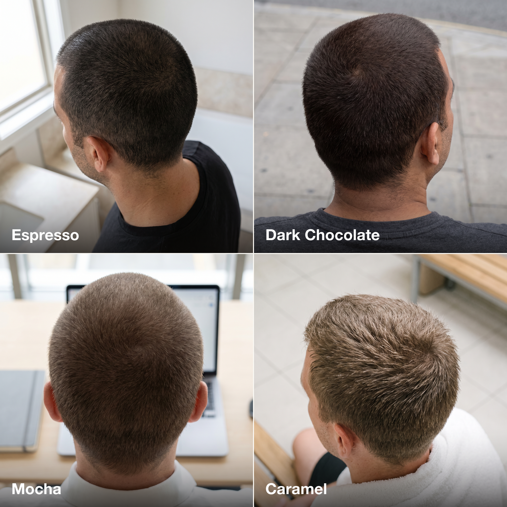 RYLO 4 shades in real settings — Espresso, Dark Chocolate, Mocha and Caramel tinted hair & scalp concealer