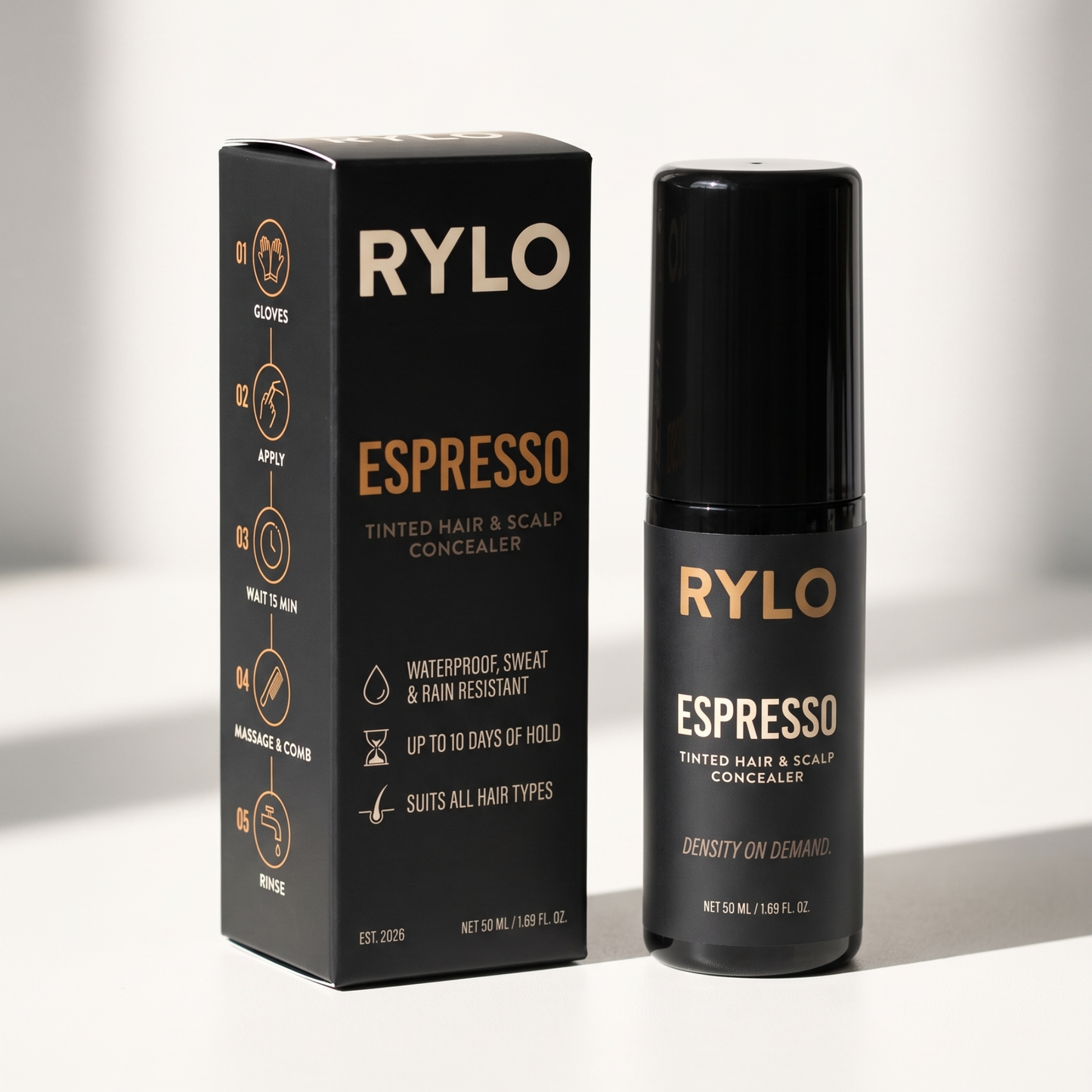 RYLO Espresso — tinted hair & scalp concealer, box and airless pump bottle