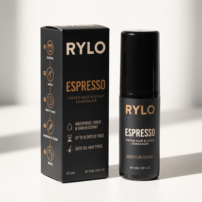 RYLO Espresso — tinted hair & scalp concealer, box and airless pump bottle