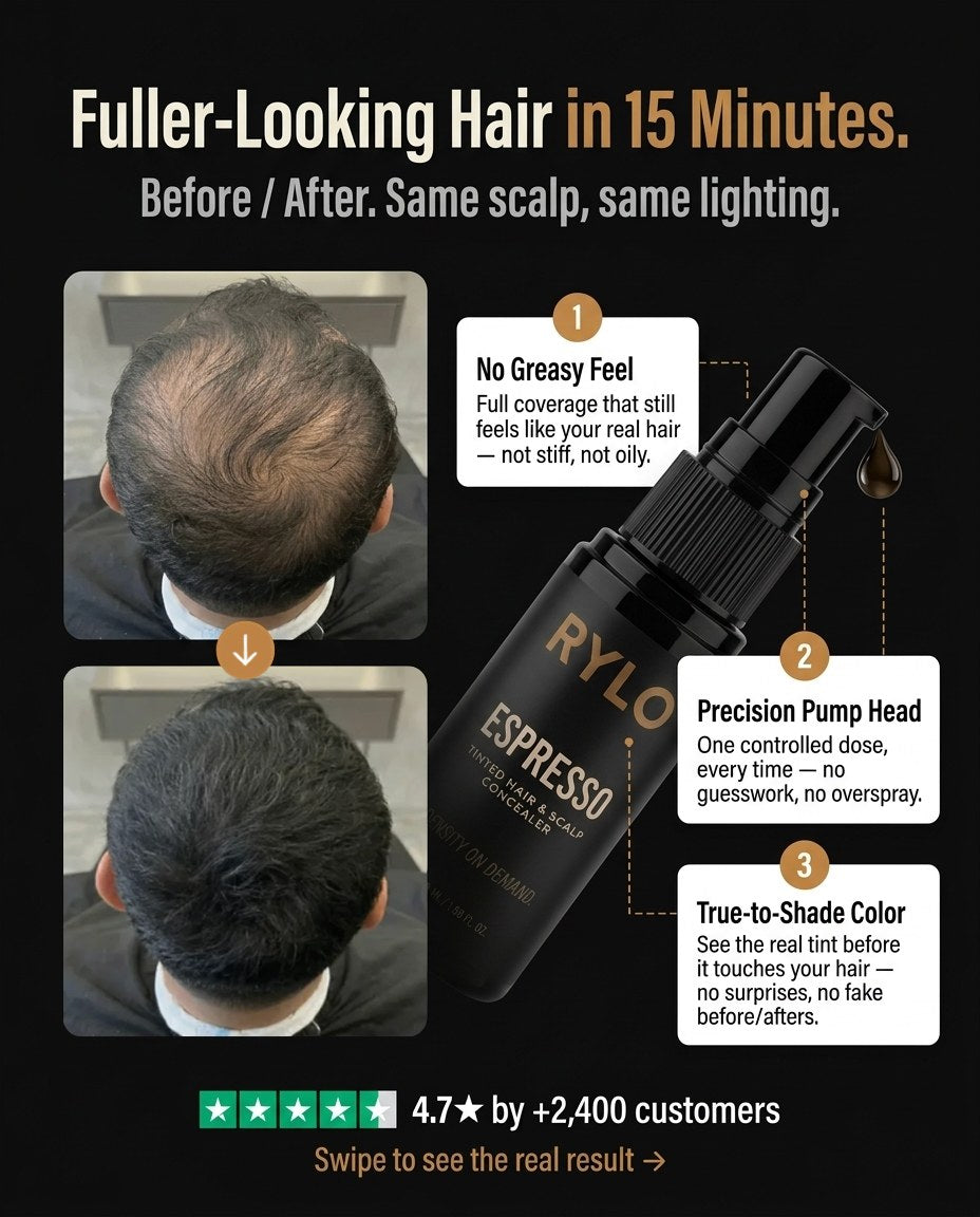 Fuller-looking hair in 15 minutes — RYLO Espresso before / after, no greasy feel, precision pump head, true-to-shade color