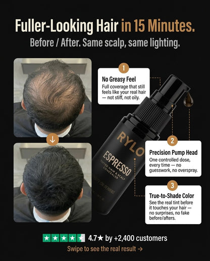 Fuller-looking hair in 15 minutes — RYLO Espresso before / after, no greasy feel, precision pump head, true-to-shade color