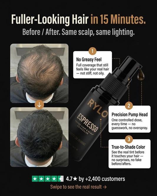 Fuller-looking hair in 15 minutes — RYLO Espresso before / after, no greasy feel, precision pump head, true-to-shade color