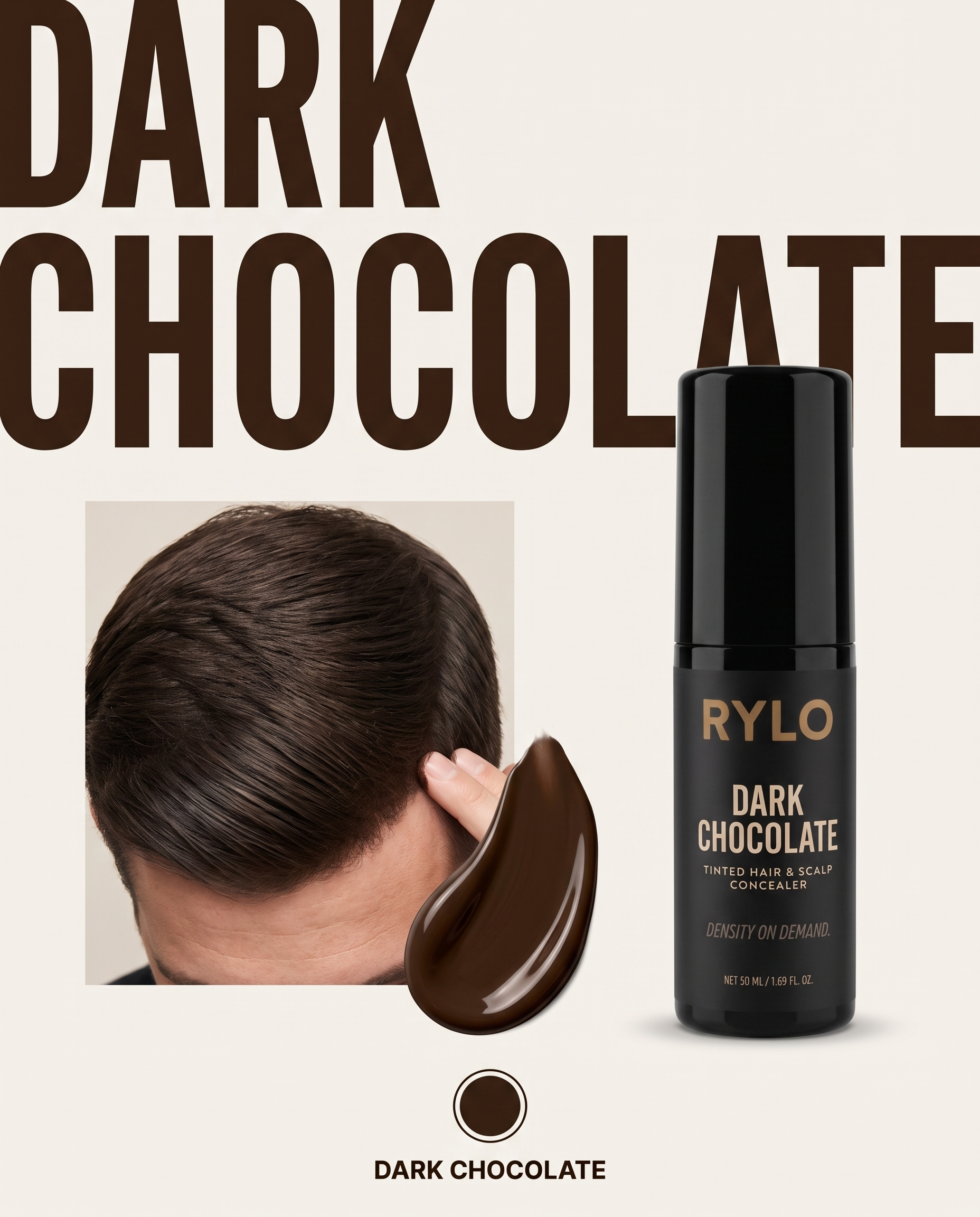 RYLO Dark Chocolate shade — tinted hair & scalp concealer for dark brown hair