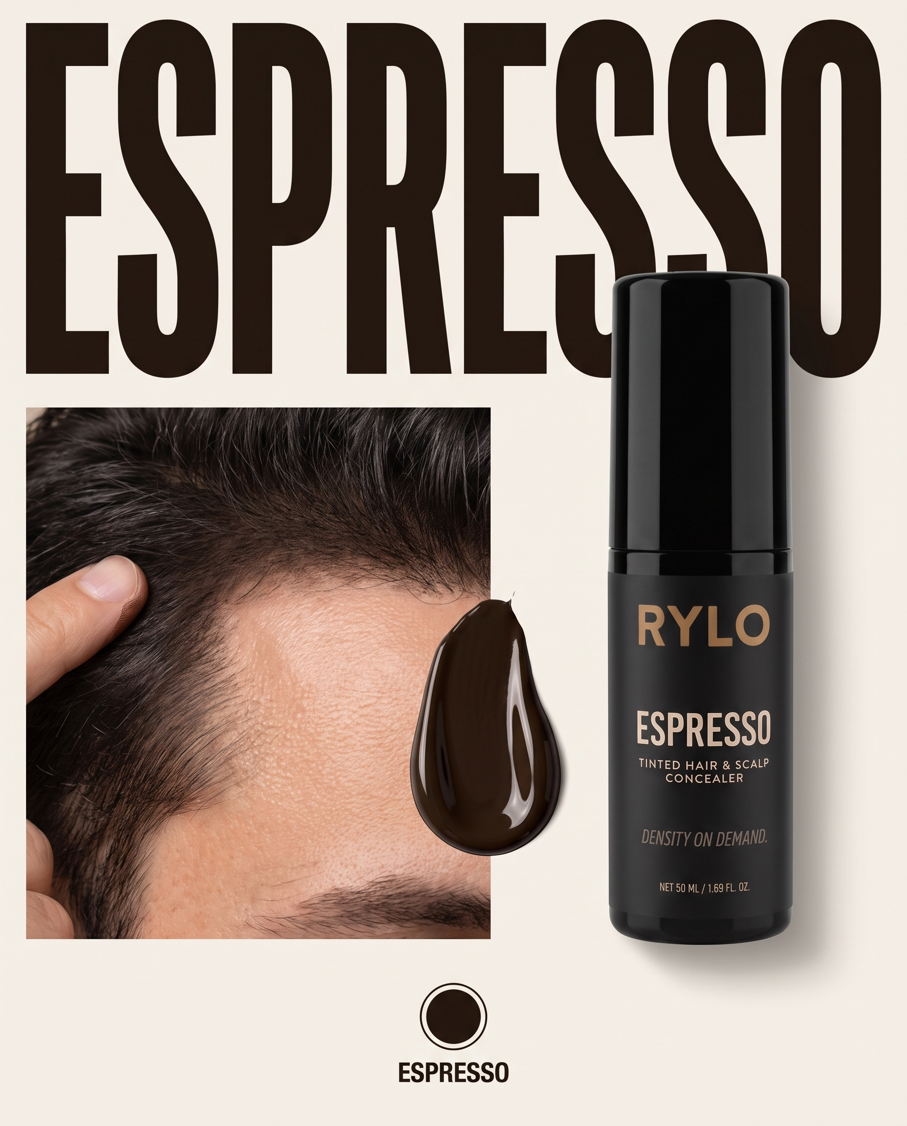 RYLO Espresso shade — tinted hair & scalp concealer for black hair